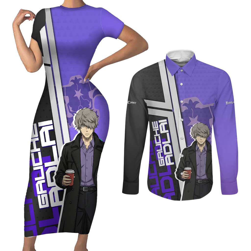 Black Clover Gauche Adlai Couples Matching Short Sleeve Bodycon Dress and Long Sleeve Button Shirt Anime Illustration Style
