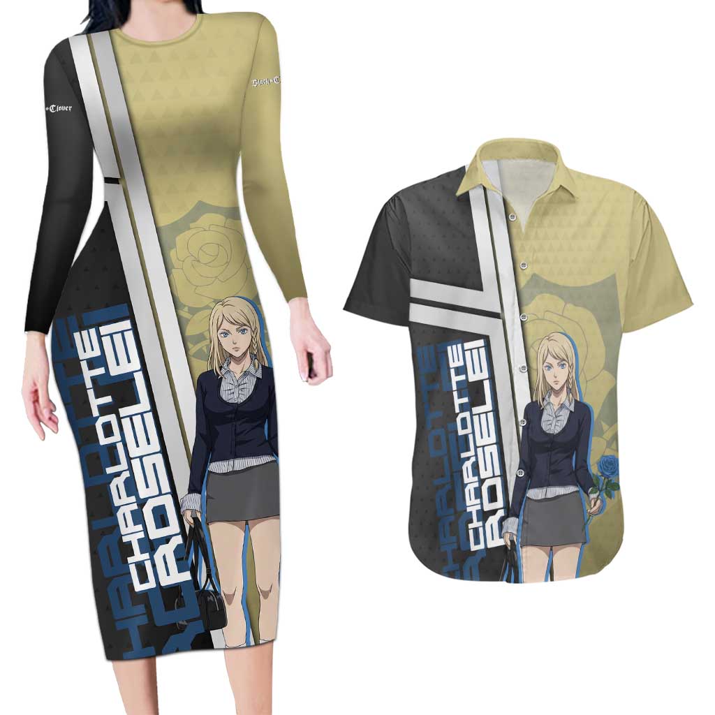 Black Clover Charlotte Roselei Couples Matching Long Sleeve Bodycon Dress and Hawaiian Shirt Anime Illustration Style