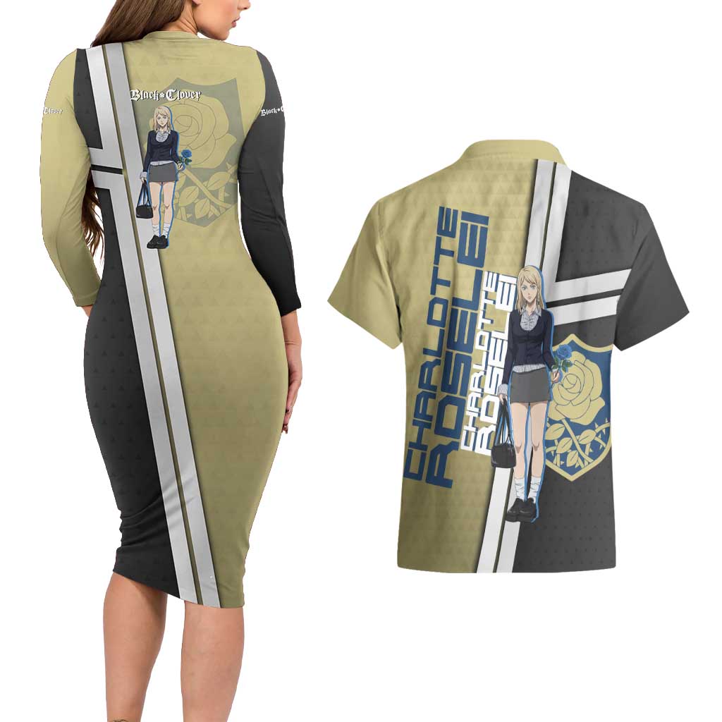 Black Clover Charlotte Roselei Couples Matching Long Sleeve Bodycon Dress and Hawaiian Shirt Anime Illustration Style