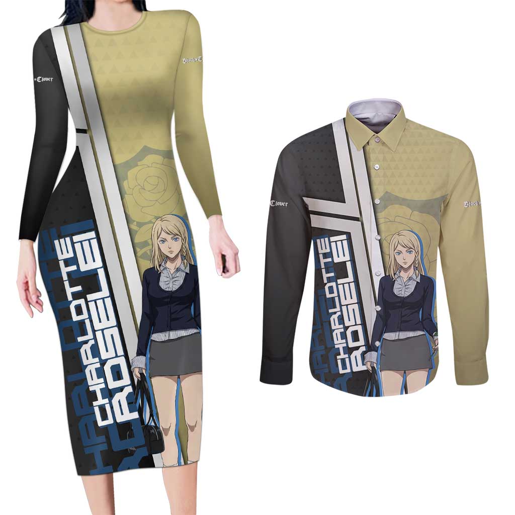Black Clover Charlotte Roselei Couples Matching Long Sleeve Bodycon Dress and Long Sleeve Button Shirt Anime Illustration Style