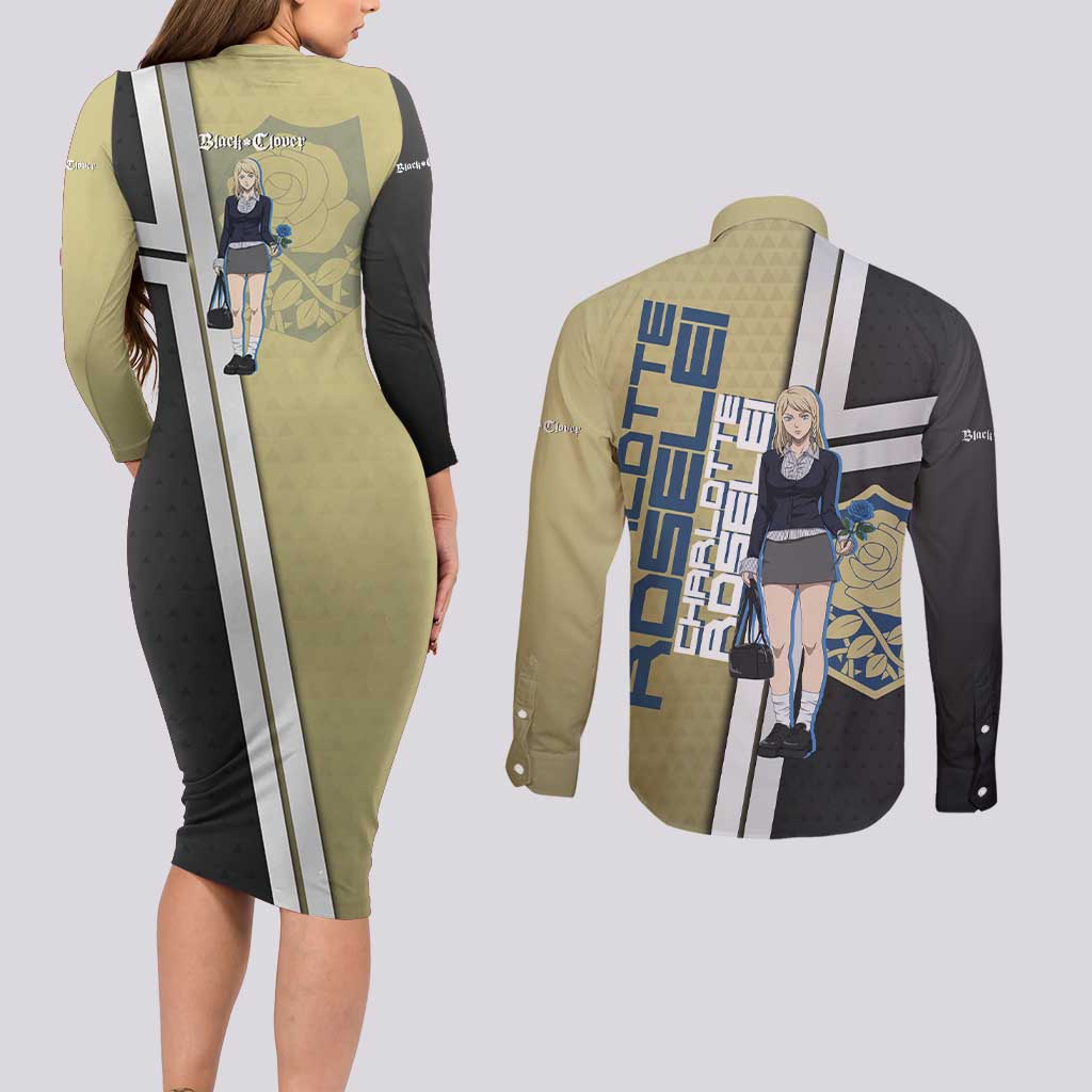 Black Clover Charlotte Roselei Couples Matching Long Sleeve Bodycon Dress and Long Sleeve Button Shirt Anime Illustration Style