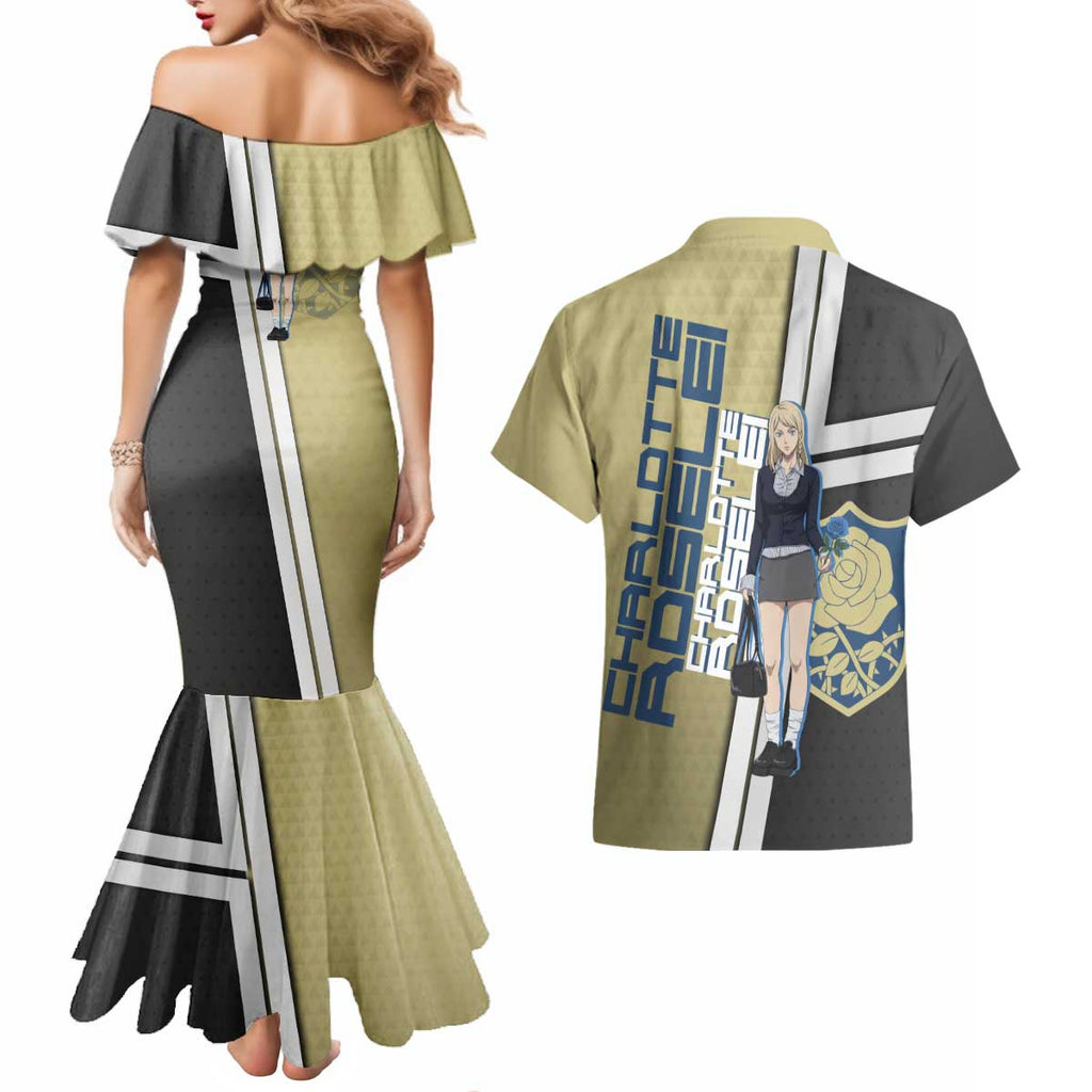 Black Clover Charlotte Roselei Couples Matching Mermaid Dress and Hawaiian Shirt Anime Illustration Style