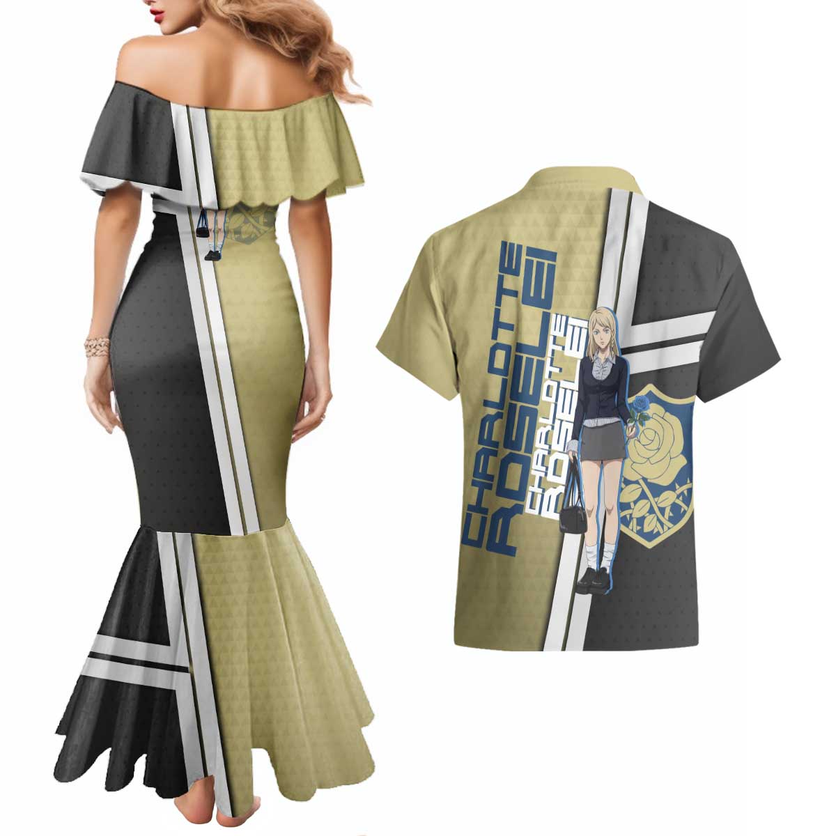 Black Clover Charlotte Roselei Couples Matching Mermaid Dress and Hawaiian Shirt Anime Illustration Style