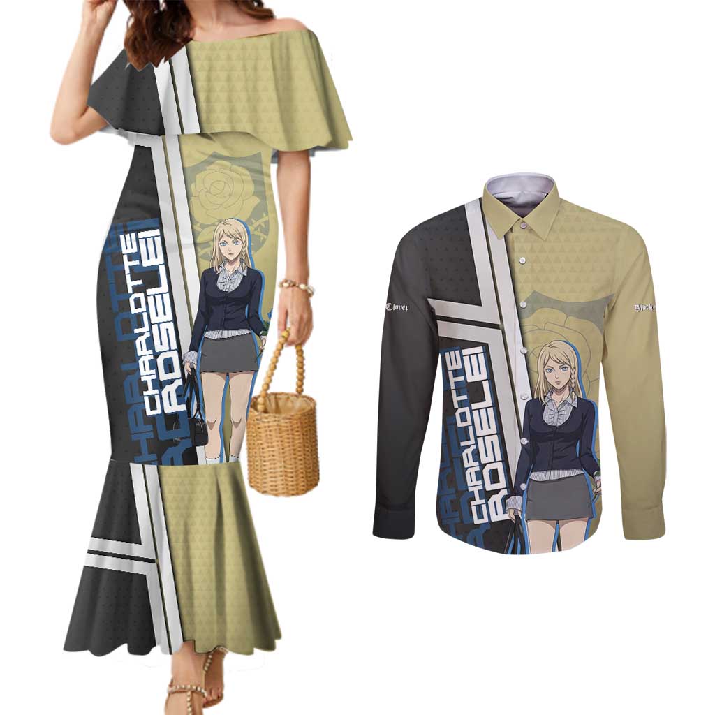 Black Clover Charlotte Roselei Couples Matching Mermaid Dress and Long Sleeve Button Shirt Anime Illustration Style