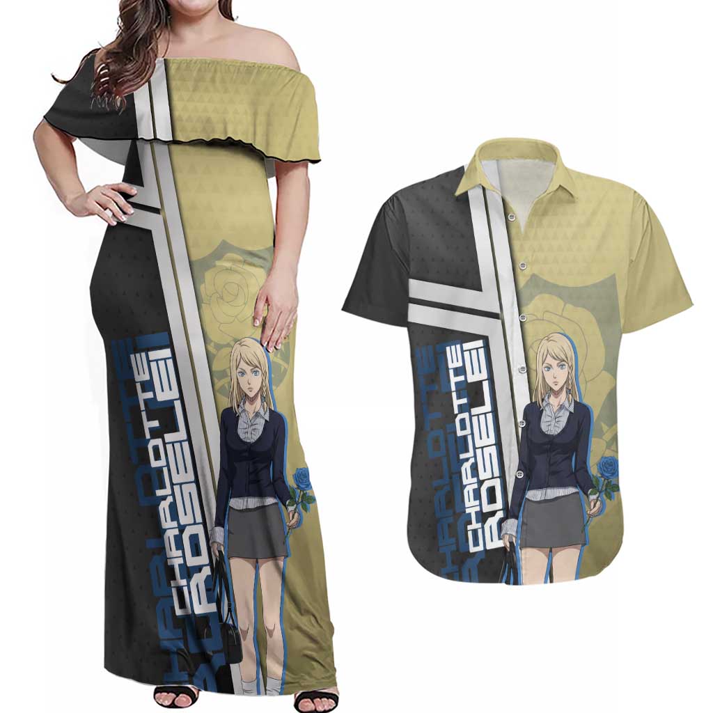 Black Clover Charlotte Roselei Couples Matching Off Shoulder Maxi Dress and Hawaiian Shirt Anime Illustration Style