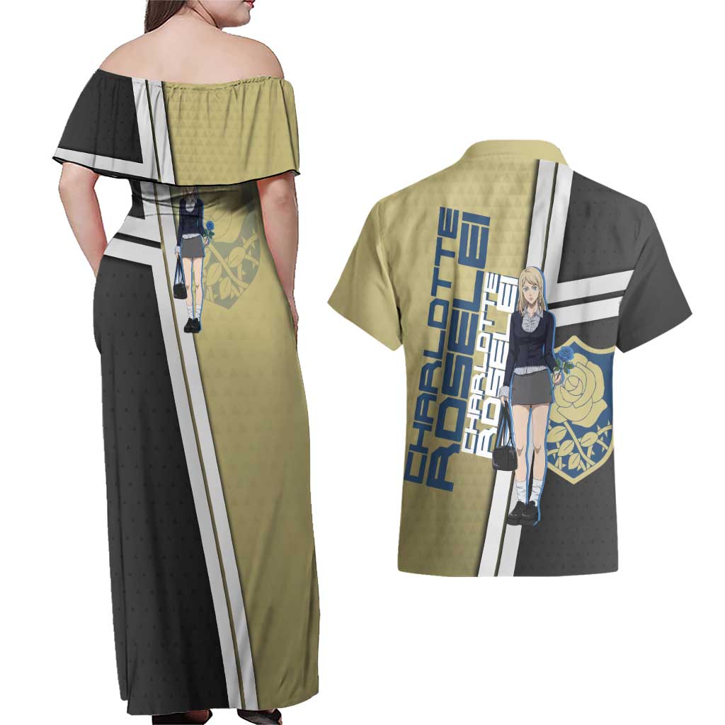 Black Clover Charlotte Roselei Couples Matching Off Shoulder Maxi Dress and Hawaiian Shirt Anime Illustration Style
