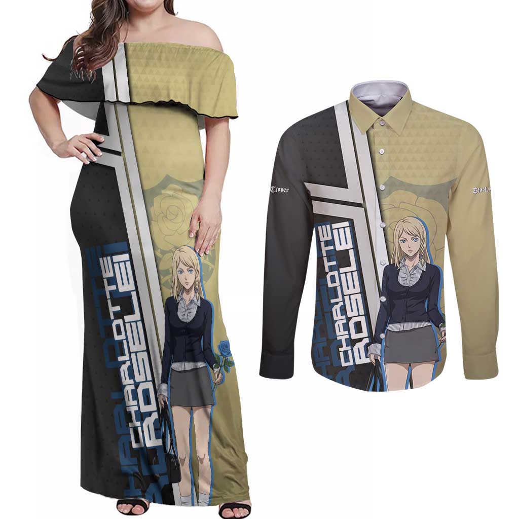 Black Clover Charlotte Roselei Couples Matching Off Shoulder Maxi Dress and Long Sleeve Button Shirt Anime Illustration Style