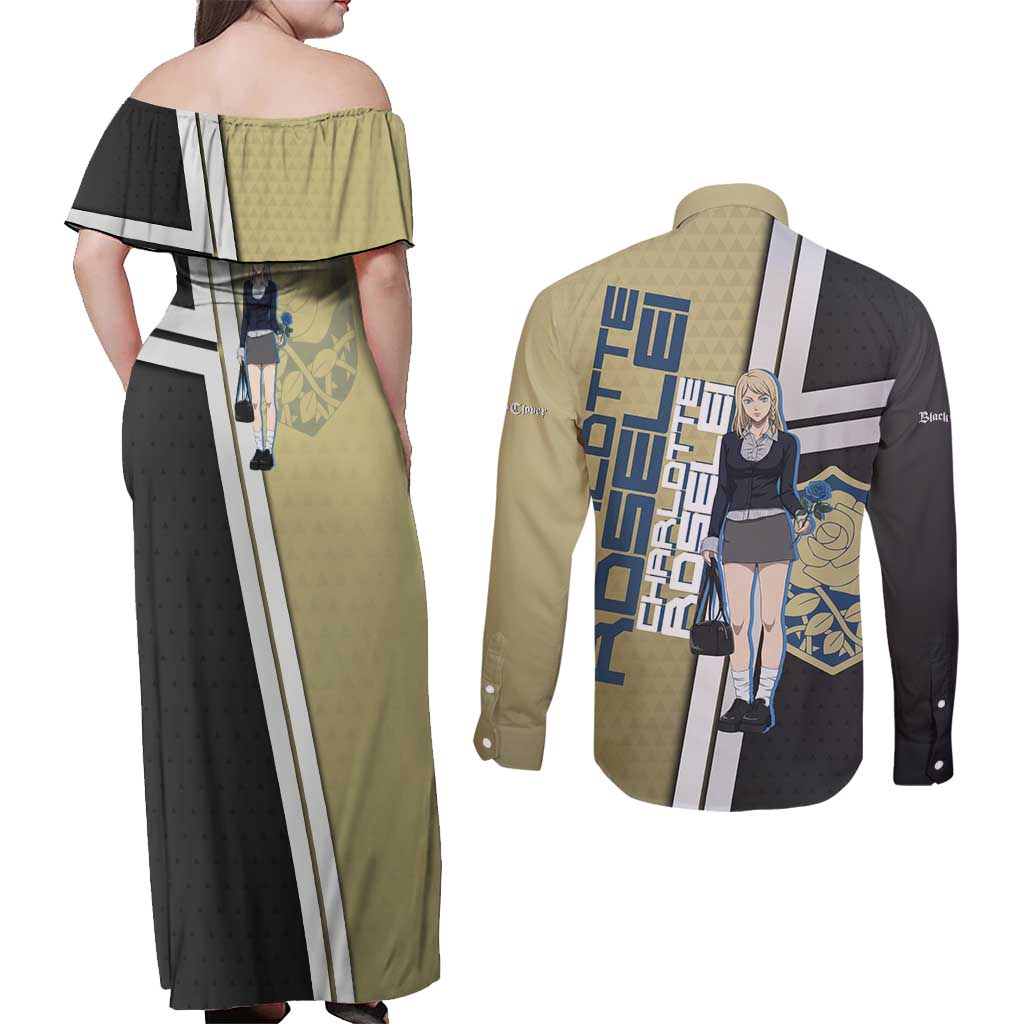 Black Clover Charlotte Roselei Couples Matching Off Shoulder Maxi Dress and Long Sleeve Button Shirt Anime Illustration Style