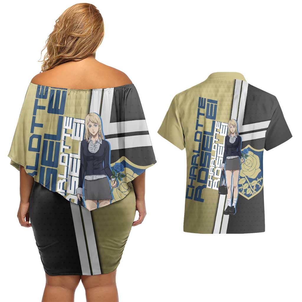 Black Clover Charlotte Roselei Couples Matching Off Shoulder Short Dress and Hawaiian Shirt Anime Illustration Style