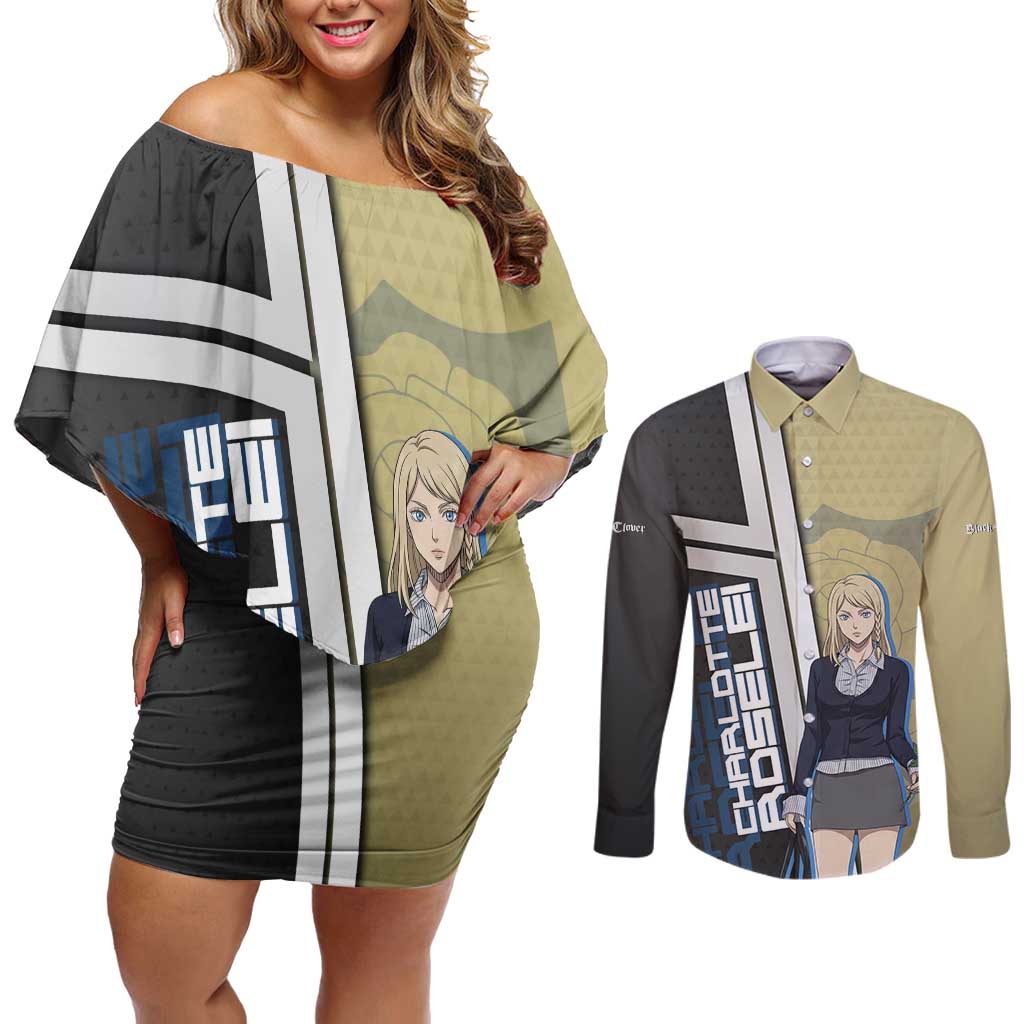 Black Clover Charlotte Roselei Couples Matching Off Shoulder Short Dress and Long Sleeve Button Shirt Anime Illustration Style
