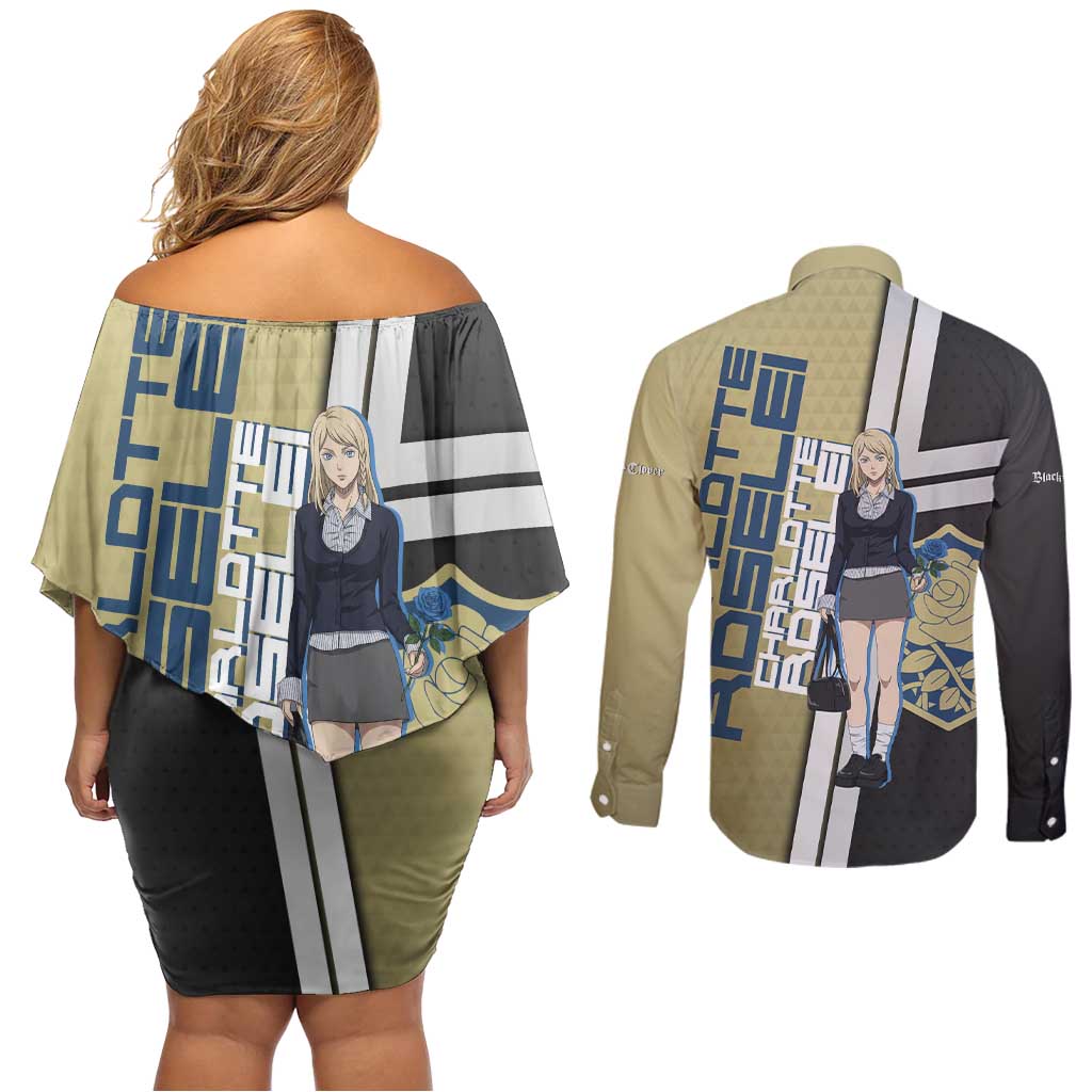 Black Clover Charlotte Roselei Couples Matching Off Shoulder Short Dress and Long Sleeve Button Shirt Anime Illustration Style