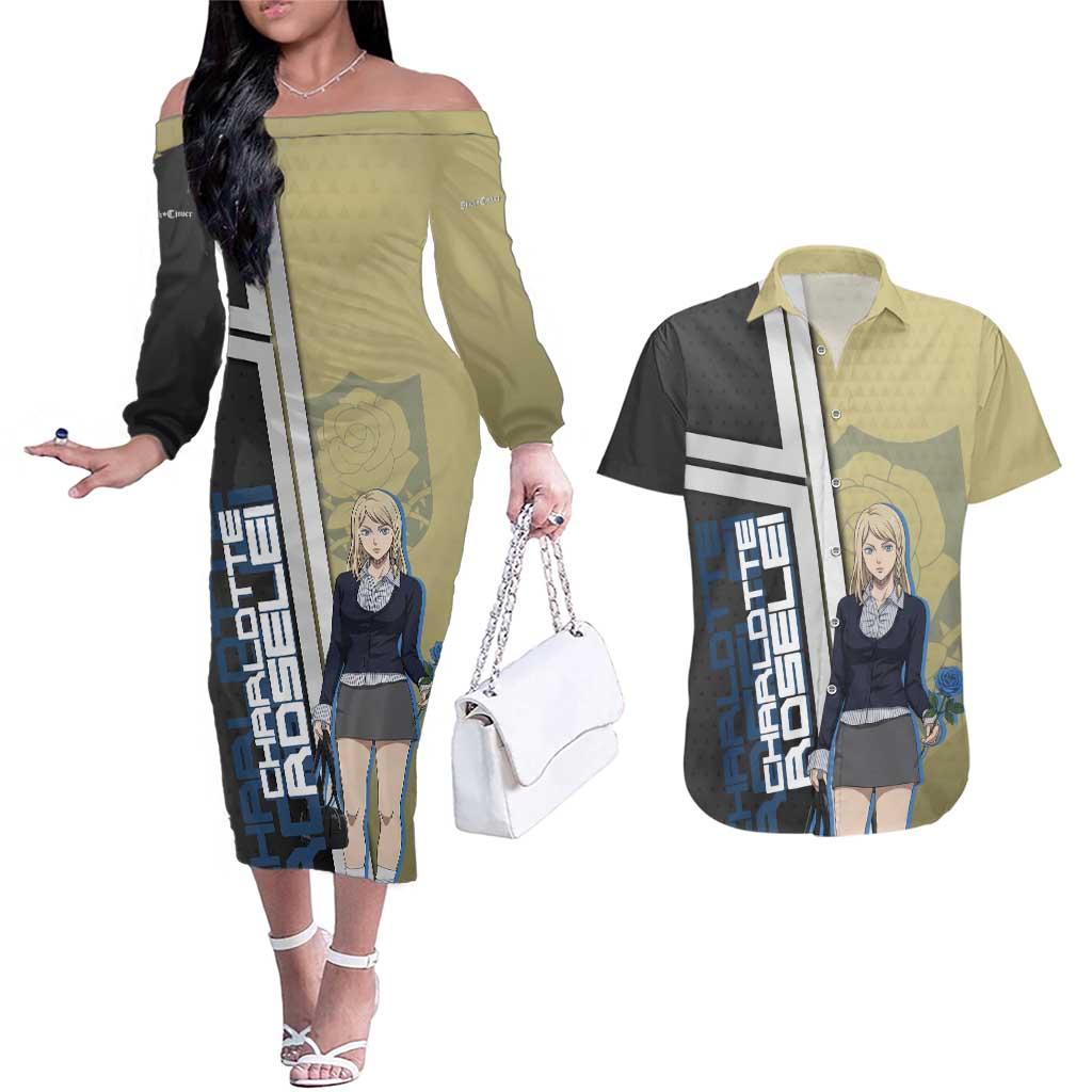Black Clover Charlotte Roselei Couples Matching Off The Shoulder Long Sleeve Dress and Hawaiian Shirt Anime Illustration Style