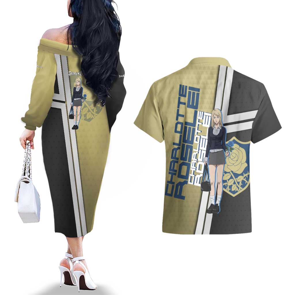 Black Clover Charlotte Roselei Couples Matching Off The Shoulder Long Sleeve Dress and Hawaiian Shirt Anime Illustration Style