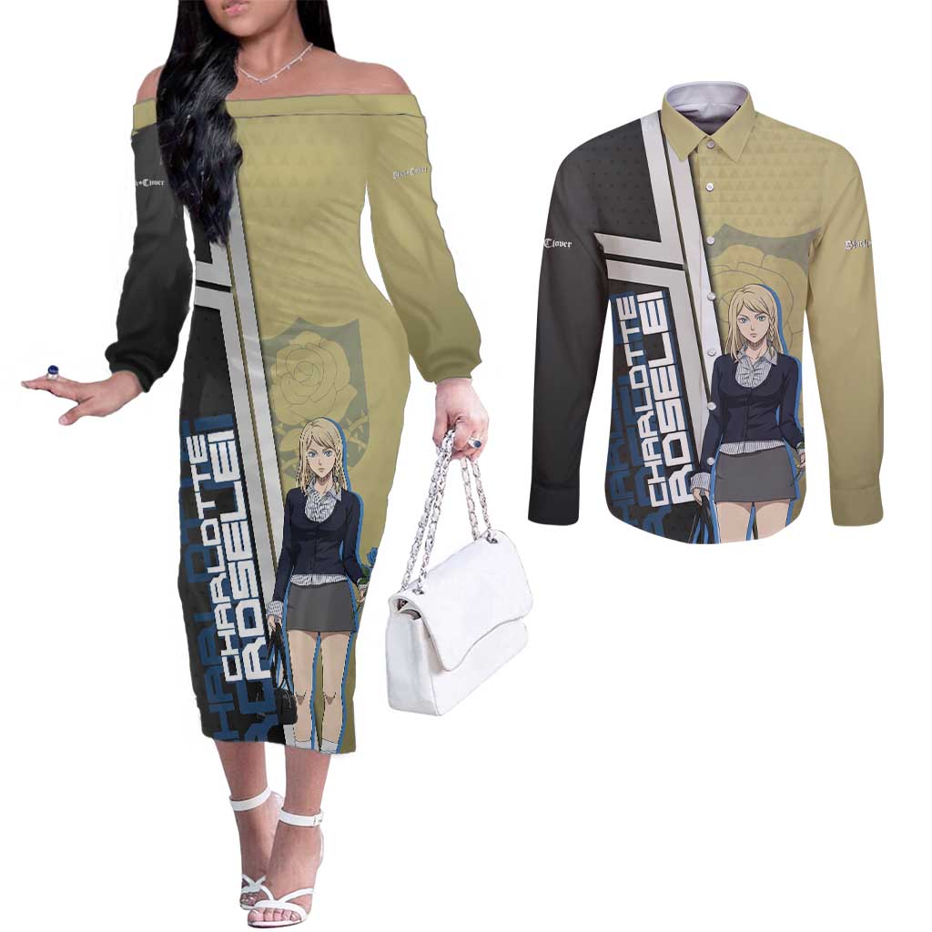 Black Clover Charlotte Roselei Couples Matching Off The Shoulder Long Sleeve Dress and Long Sleeve Button Shirt Anime Illustration Style