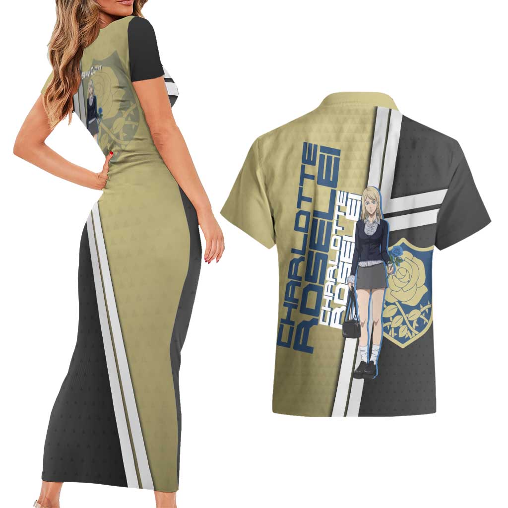 Black Clover Charlotte Roselei Couples Matching Short Sleeve Bodycon Dress and Hawaiian Shirt Anime Illustration Style
