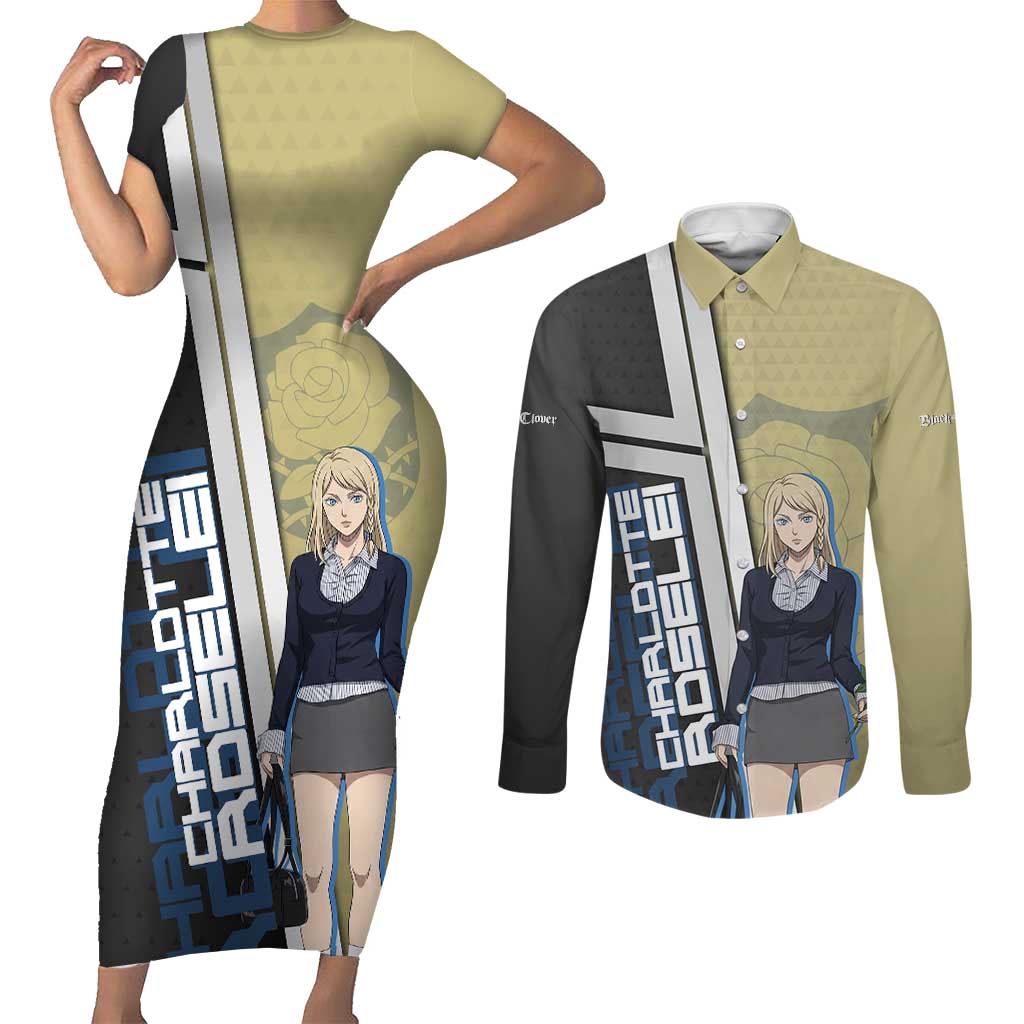 Black Clover Charlotte Roselei Couples Matching Short Sleeve Bodycon Dress and Long Sleeve Button Shirt Anime Illustration Style