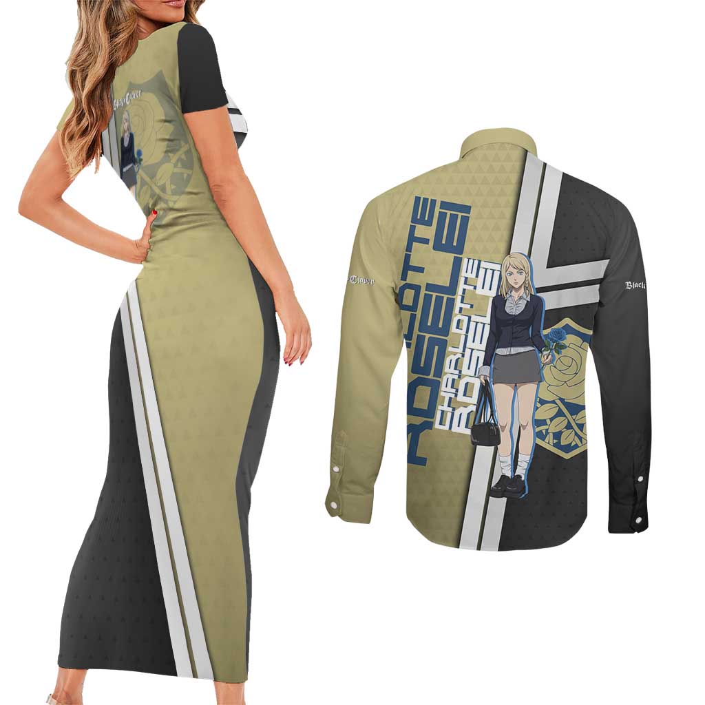 Black Clover Charlotte Roselei Couples Matching Short Sleeve Bodycon Dress and Long Sleeve Button Shirt Anime Illustration Style