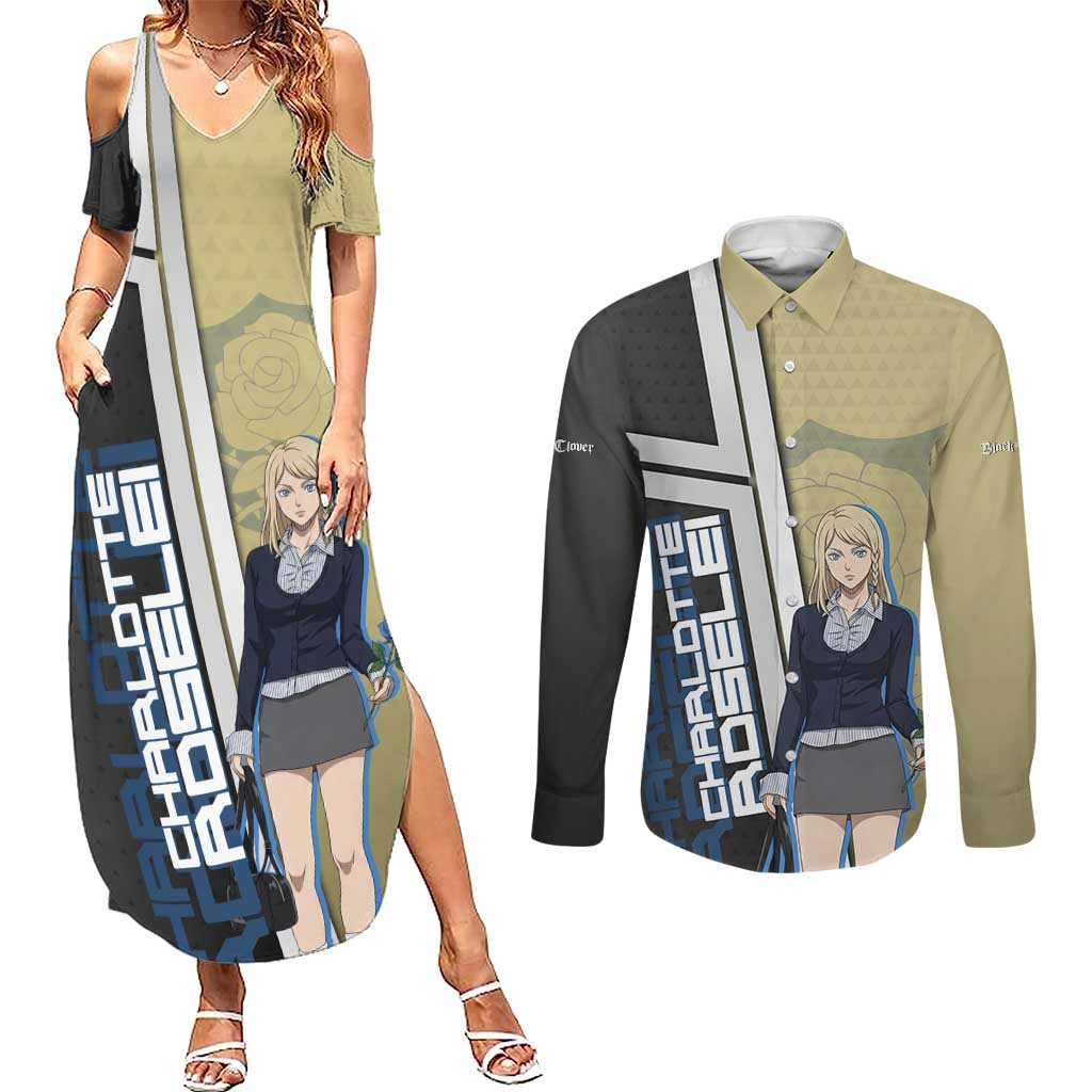 Black Clover Charlotte Roselei Couples Matching Summer Maxi Dress and Long Sleeve Button Shirt Anime Illustration Style