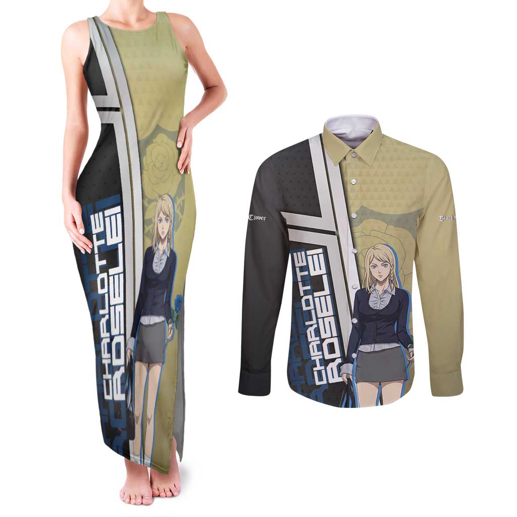 Black Clover Charlotte Roselei Couples Matching Tank Maxi Dress and Long Sleeve Button Shirt Anime Illustration Style