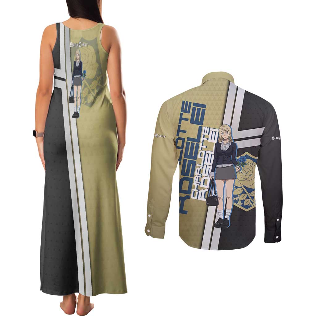 Black Clover Charlotte Roselei Couples Matching Tank Maxi Dress and Long Sleeve Button Shirt Anime Illustration Style