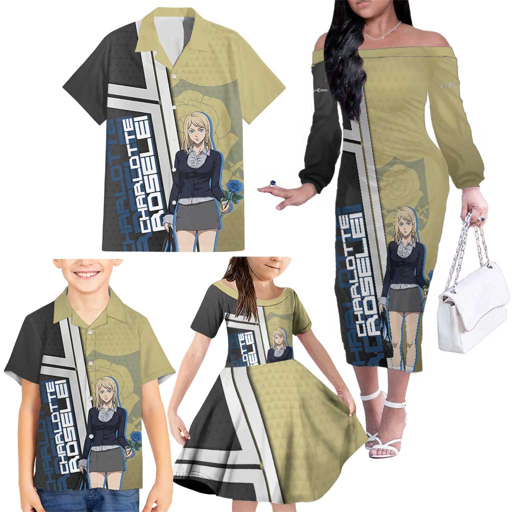 Black Clover Charlotte Roselei Family Matching Off The Shoulder Long Sleeve Dress and Hawaiian Shirt Anime Illustration Style