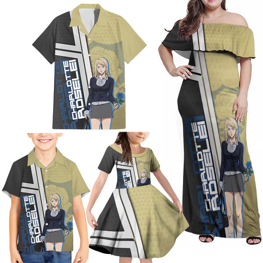 Black Clover Charlotte Roselei Family Matching Off Shoulder Maxi Dress and Hawaiian Shirt Anime Illustration Style