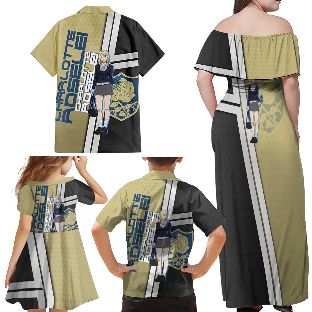 Black Clover Charlotte Roselei Family Matching Off Shoulder Maxi Dress and Hawaiian Shirt Anime Illustration Style