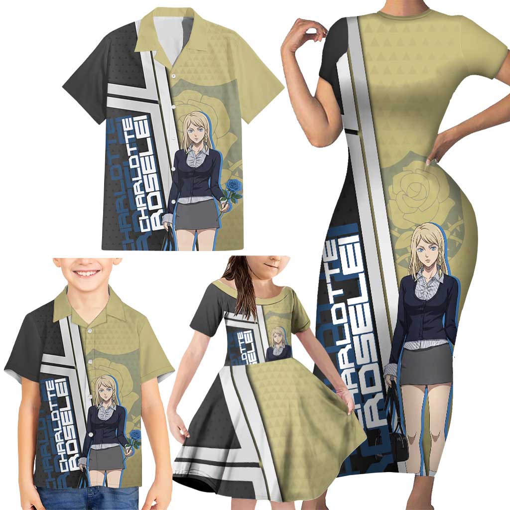 Black Clover Charlotte Roselei Family Matching Short Sleeve Bodycon Dress and Hawaiian Shirt Anime Illustration Style