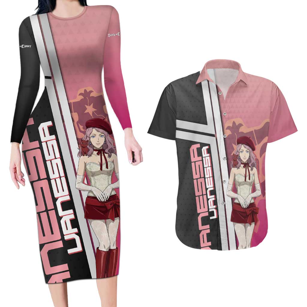 Black Clover Vanessa Enoteca Couples Matching Long Sleeve Bodycon Dress and Hawaiian Shirt Anime Illustration Style