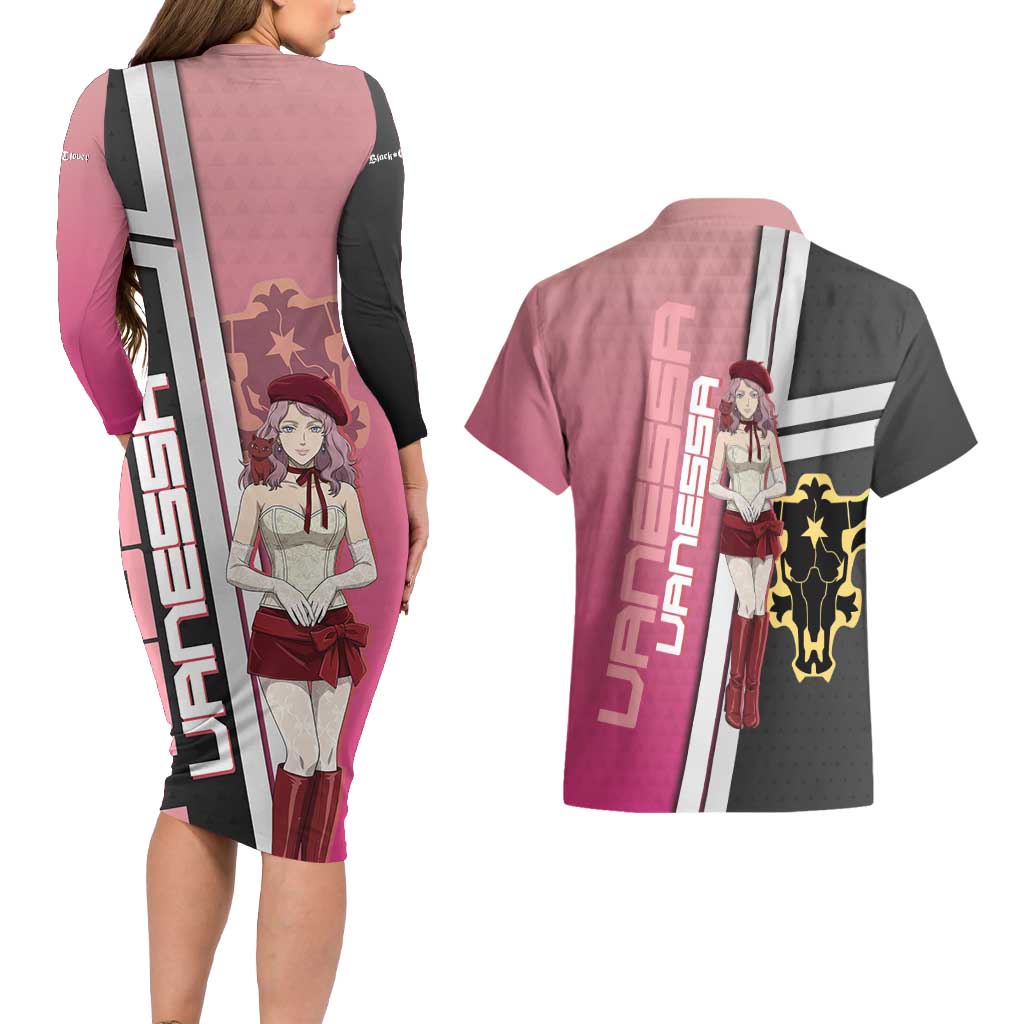 Black Clover Vanessa Enoteca Couples Matching Long Sleeve Bodycon Dress and Hawaiian Shirt Anime Illustration Style