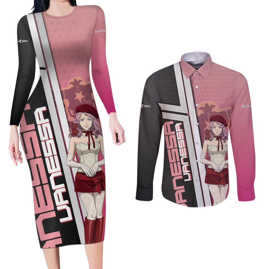 Black Clover Vanessa Enoteca Couples Matching Long Sleeve Bodycon Dress and Long Sleeve Button Shirt Anime Illustration Style