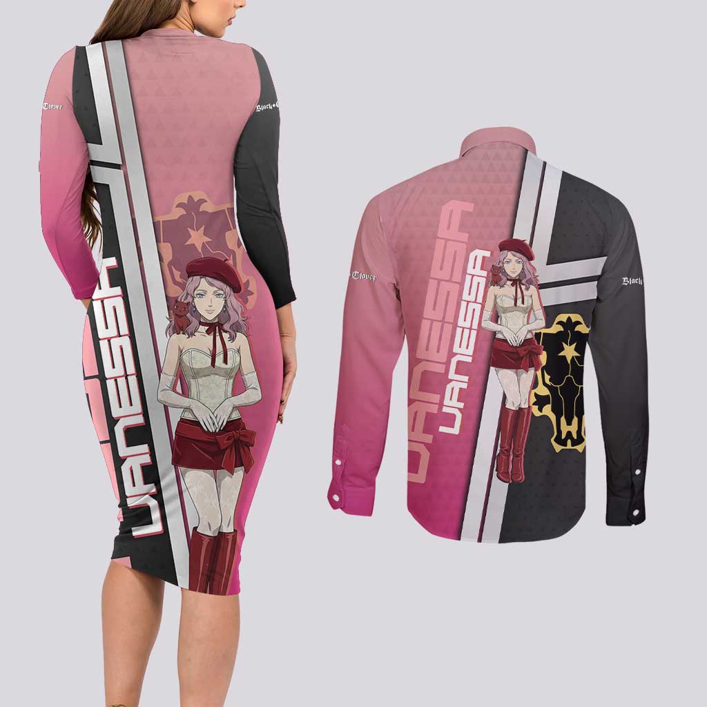 Black Clover Vanessa Enoteca Couples Matching Long Sleeve Bodycon Dress and Long Sleeve Button Shirt Anime Illustration Style