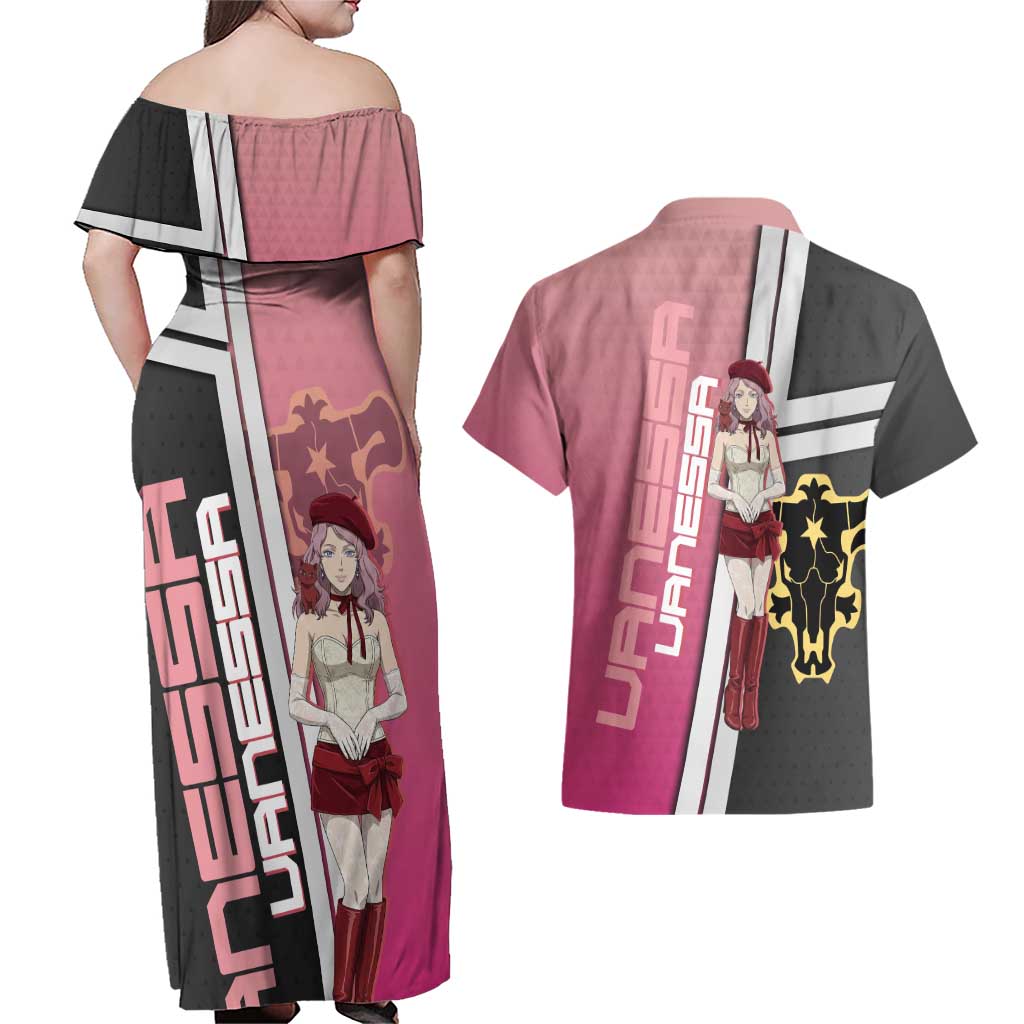 Black Clover Vanessa Enoteca Couples Matching Off Shoulder Maxi Dress and Hawaiian Shirt Anime Illustration Style