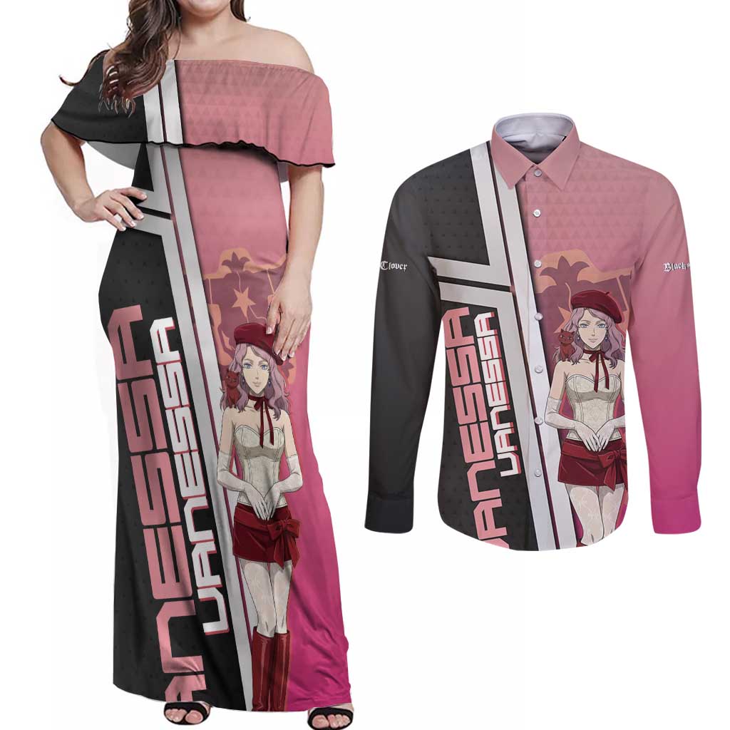 Black Clover Vanessa Enoteca Couples Matching Off Shoulder Maxi Dress and Long Sleeve Button Shirt Anime Illustration Style