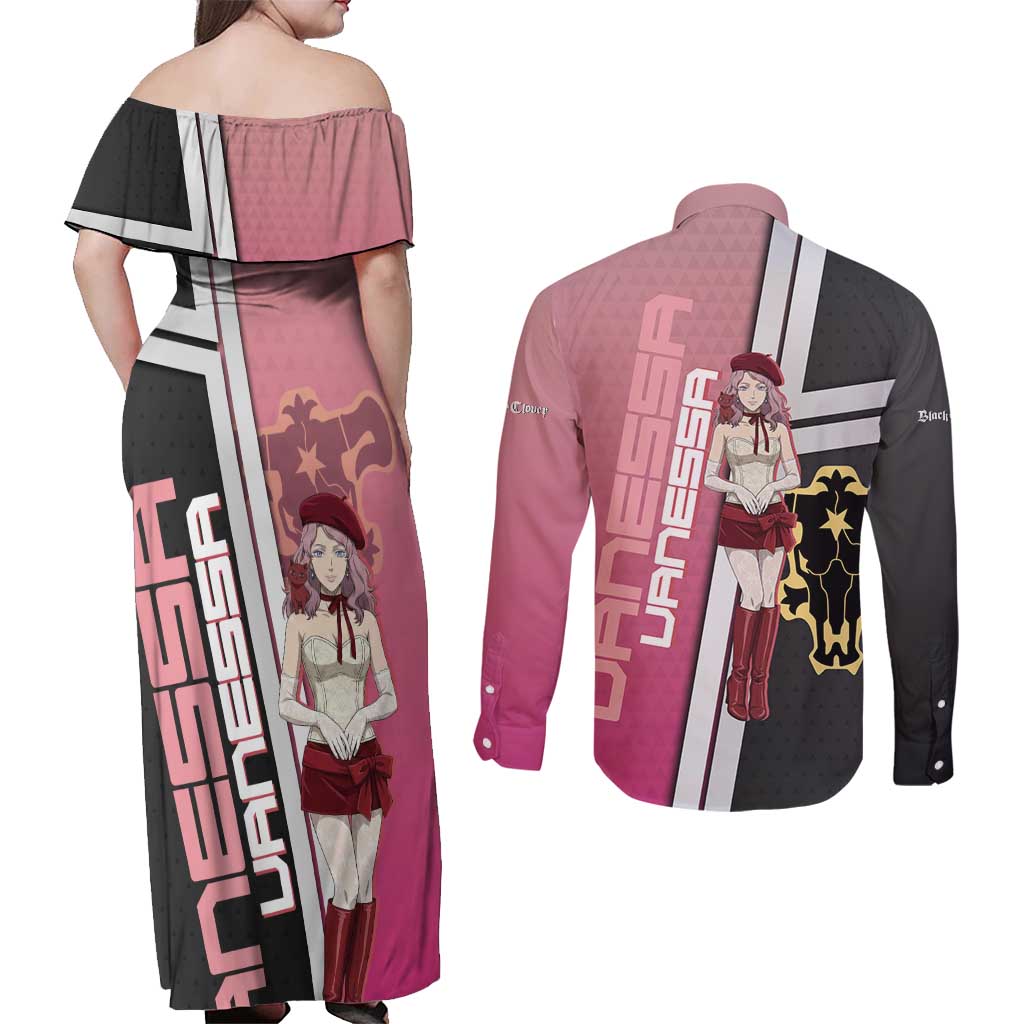 Black Clover Vanessa Enoteca Couples Matching Off Shoulder Maxi Dress and Long Sleeve Button Shirt Anime Illustration Style