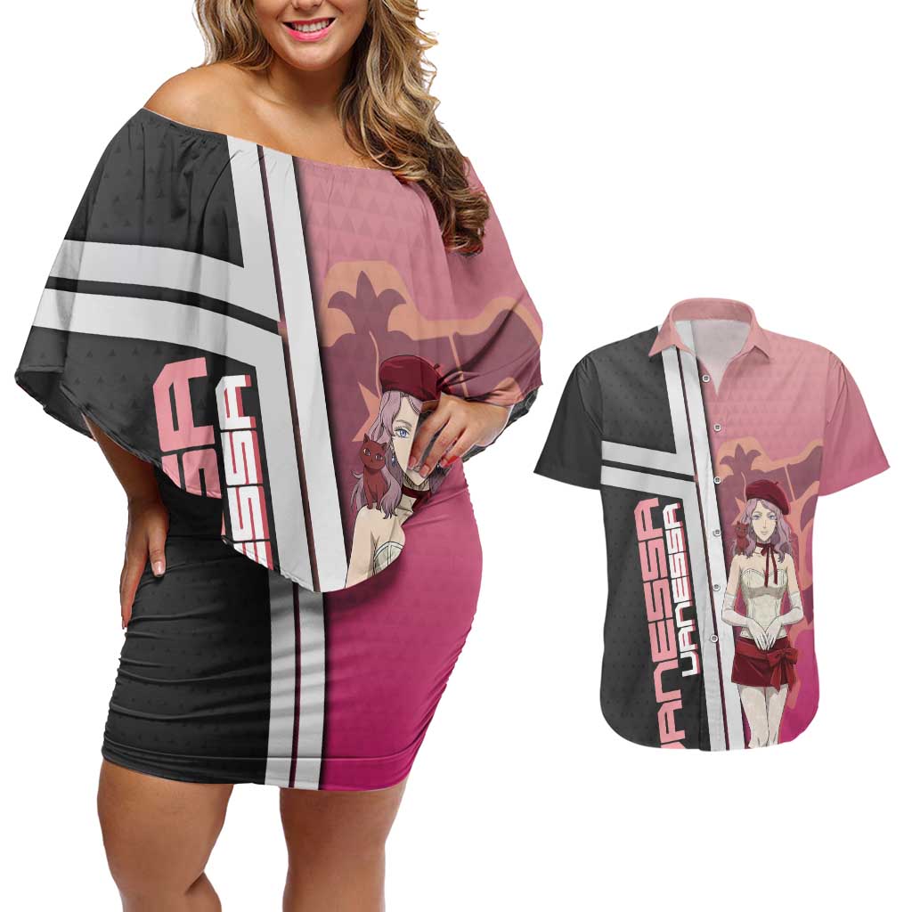 Black Clover Vanessa Enoteca Couples Matching Off Shoulder Short Dress and Hawaiian Shirt Anime Illustration Style