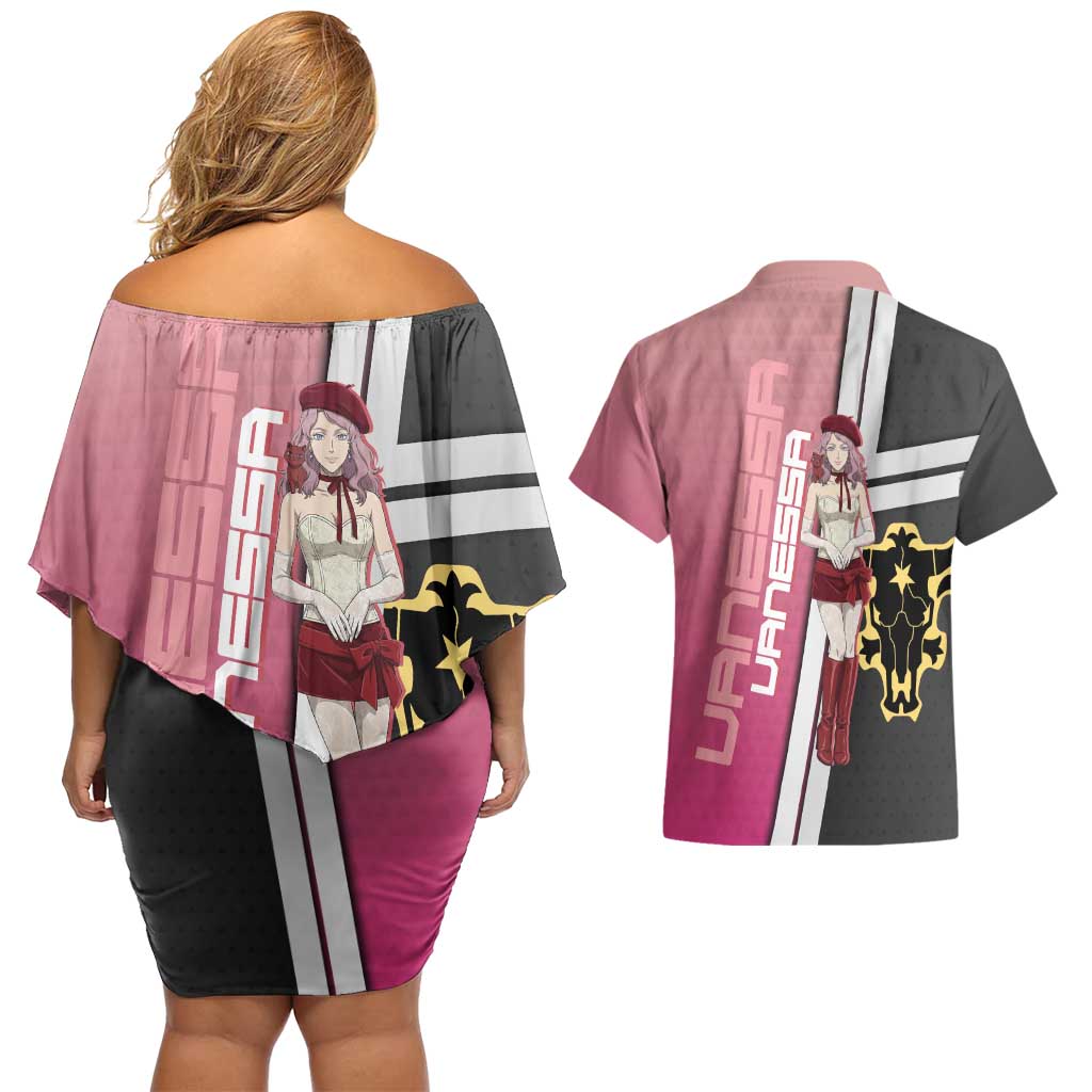 Black Clover Vanessa Enoteca Couples Matching Off Shoulder Short Dress and Hawaiian Shirt Anime Illustration Style