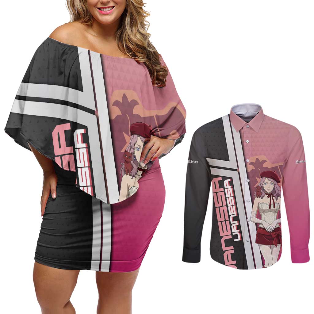 Black Clover Vanessa Enoteca Couples Matching Off Shoulder Short Dress and Long Sleeve Button Shirt Anime Illustration Style