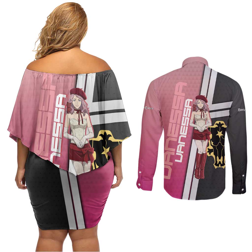 Black Clover Vanessa Enoteca Couples Matching Off Shoulder Short Dress and Long Sleeve Button Shirt Anime Illustration Style