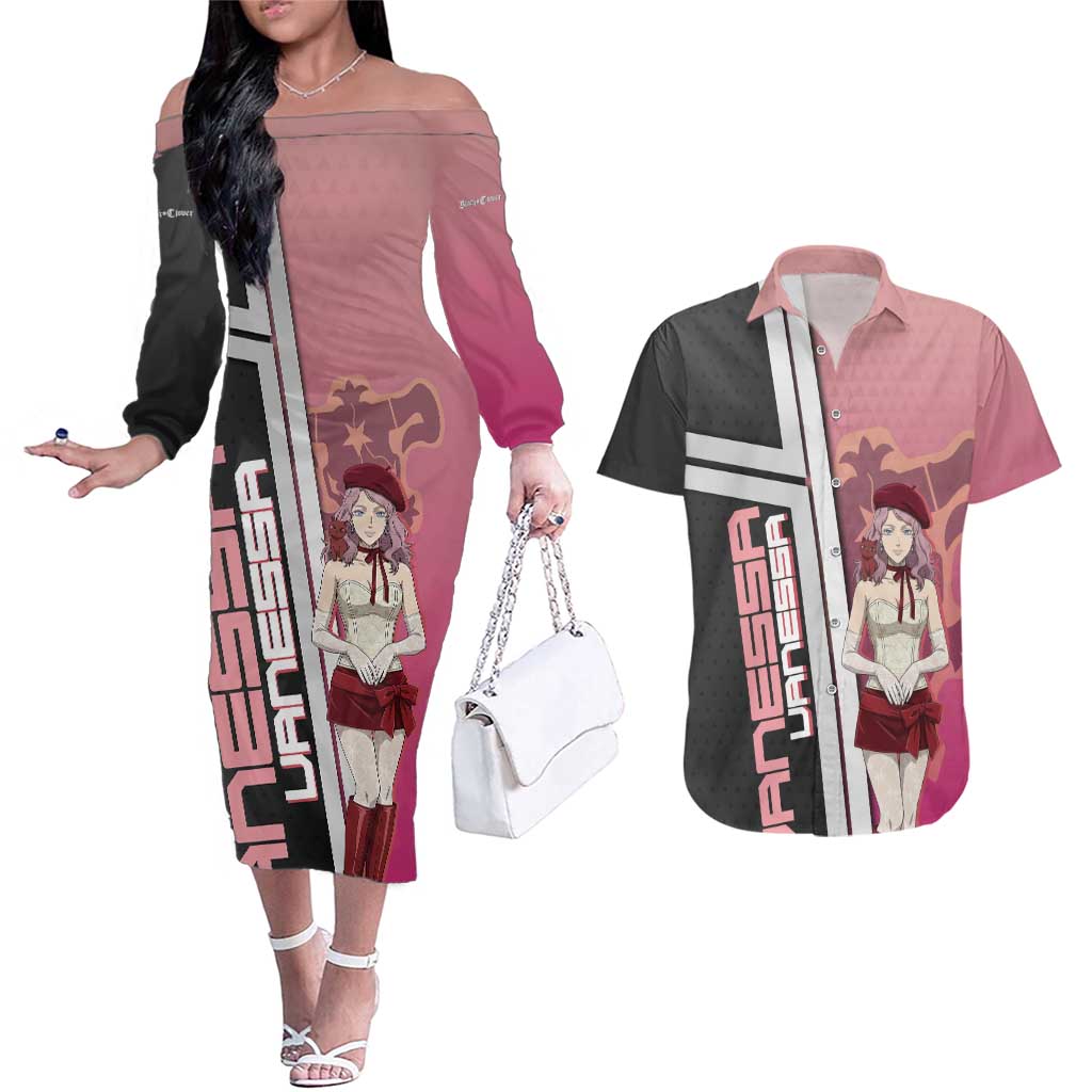 Black Clover Vanessa Enoteca Couples Matching Off The Shoulder Long Sleeve Dress and Hawaiian Shirt Anime Illustration Style