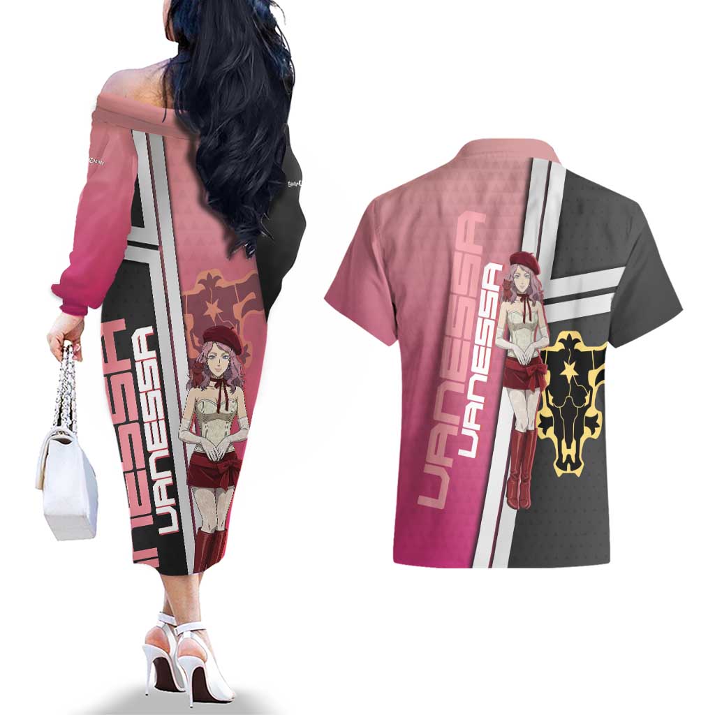 Black Clover Vanessa Enoteca Couples Matching Off The Shoulder Long Sleeve Dress and Hawaiian Shirt Anime Illustration Style
