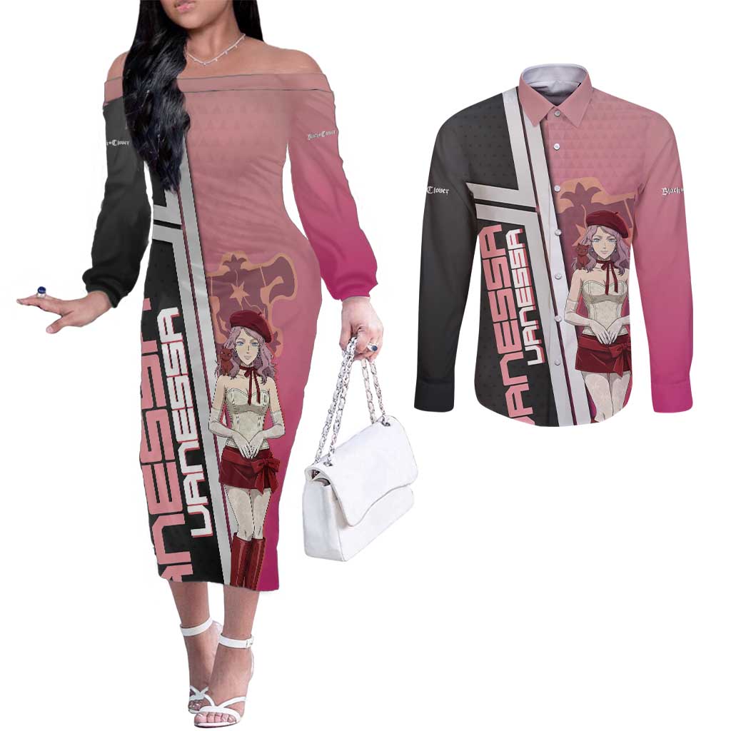 Black Clover Vanessa Enoteca Couples Matching Off The Shoulder Long Sleeve Dress and Long Sleeve Button Shirt Anime Illustration Style