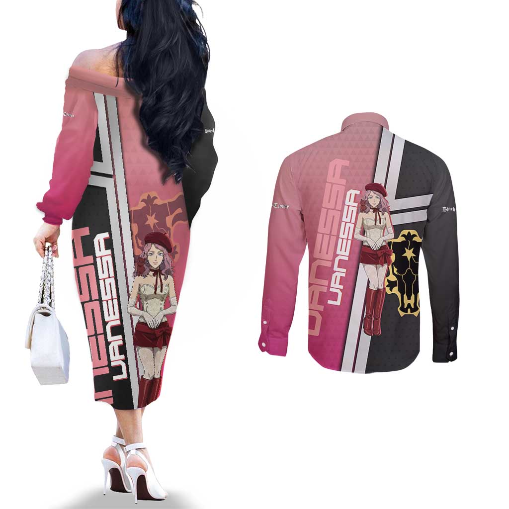 Black Clover Vanessa Enoteca Couples Matching Off The Shoulder Long Sleeve Dress and Long Sleeve Button Shirt Anime Illustration Style