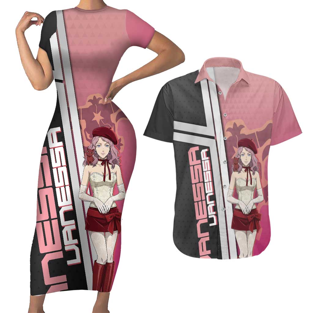 Black Clover Vanessa Enoteca Couples Matching Short Sleeve Bodycon Dress and Hawaiian Shirt Anime Illustration Style