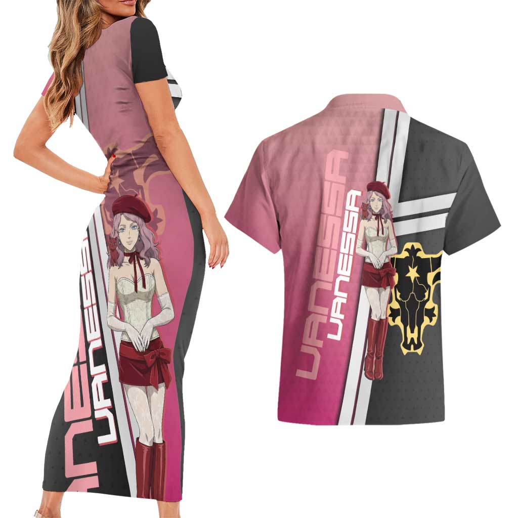 Black Clover Vanessa Enoteca Couples Matching Short Sleeve Bodycon Dress and Hawaiian Shirt Anime Illustration Style