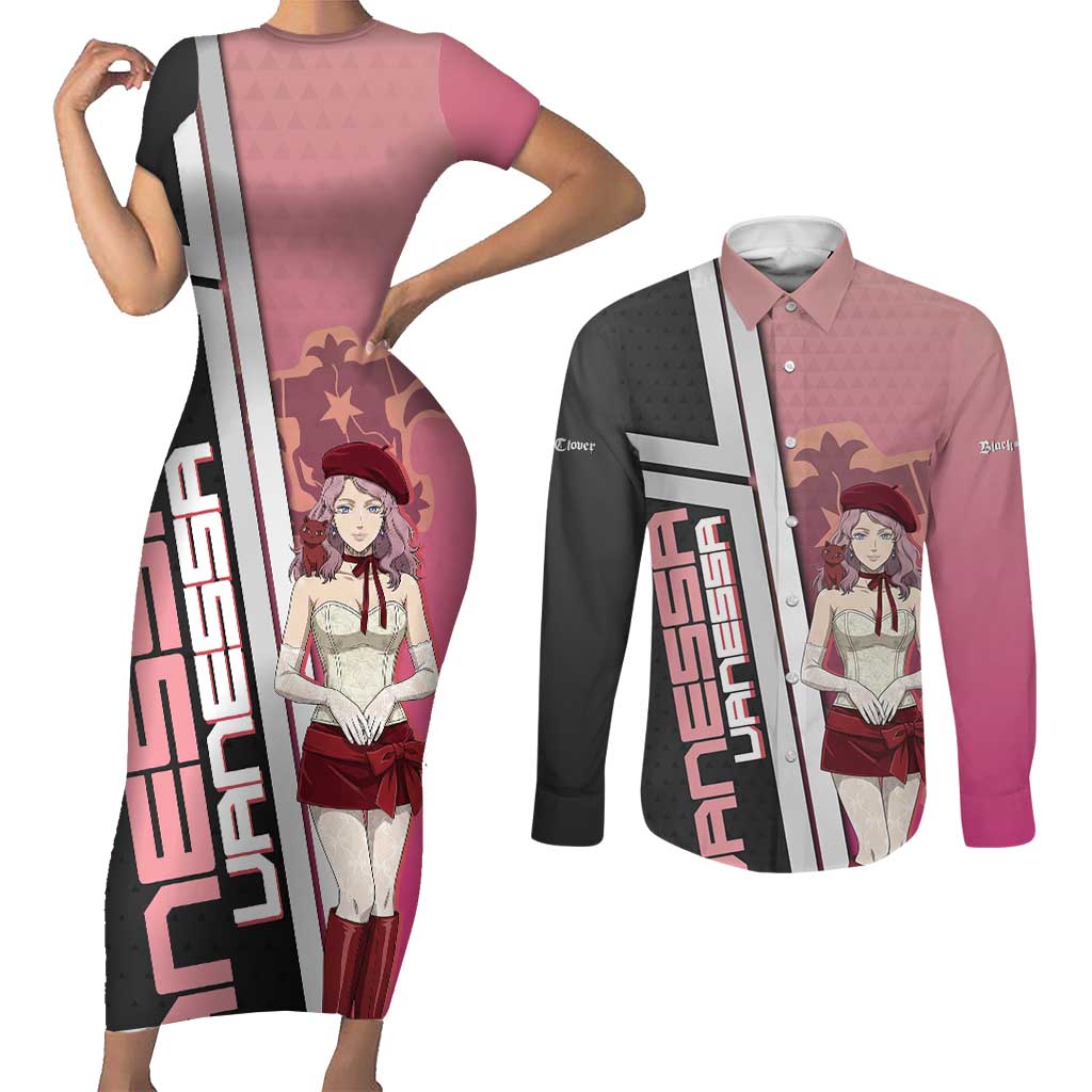 Black Clover Vanessa Enoteca Couples Matching Short Sleeve Bodycon Dress and Long Sleeve Button Shirt Anime Illustration Style