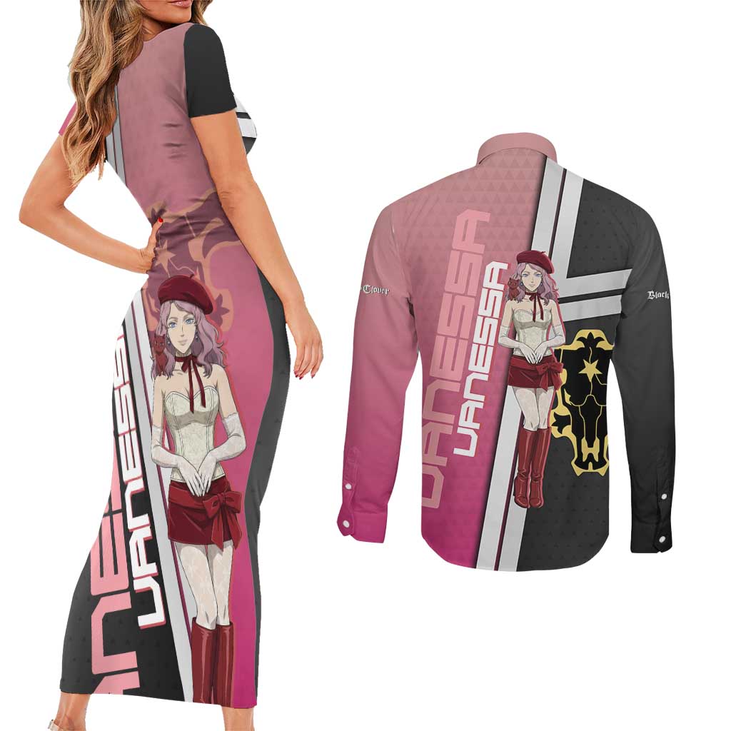 Black Clover Vanessa Enoteca Couples Matching Short Sleeve Bodycon Dress and Long Sleeve Button Shirt Anime Illustration Style