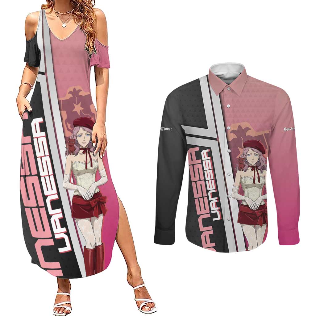 Black Clover Vanessa Enoteca Couples Matching Summer Maxi Dress and Long Sleeve Button Shirt Anime Illustration Style