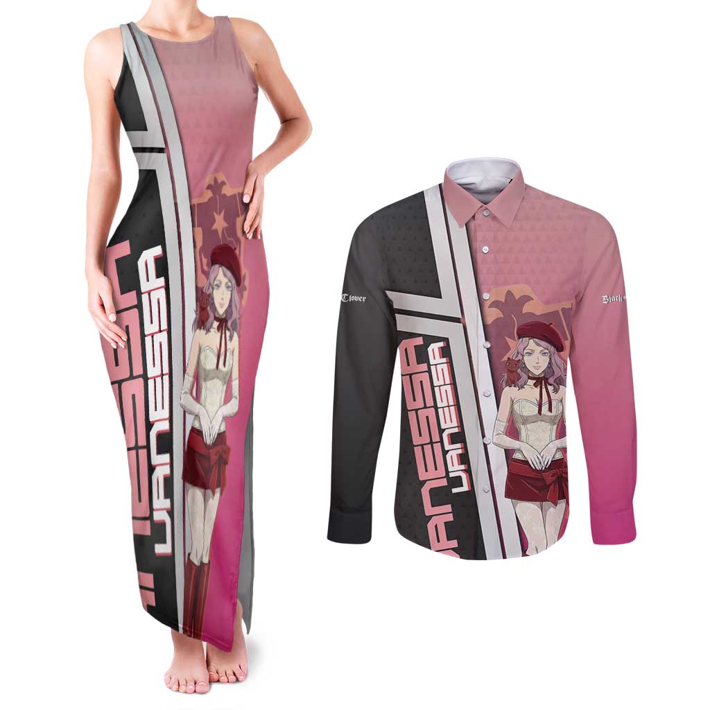 Black Clover Vanessa Enoteca Couples Matching Tank Maxi Dress and Long Sleeve Button Shirt Anime Illustration Style