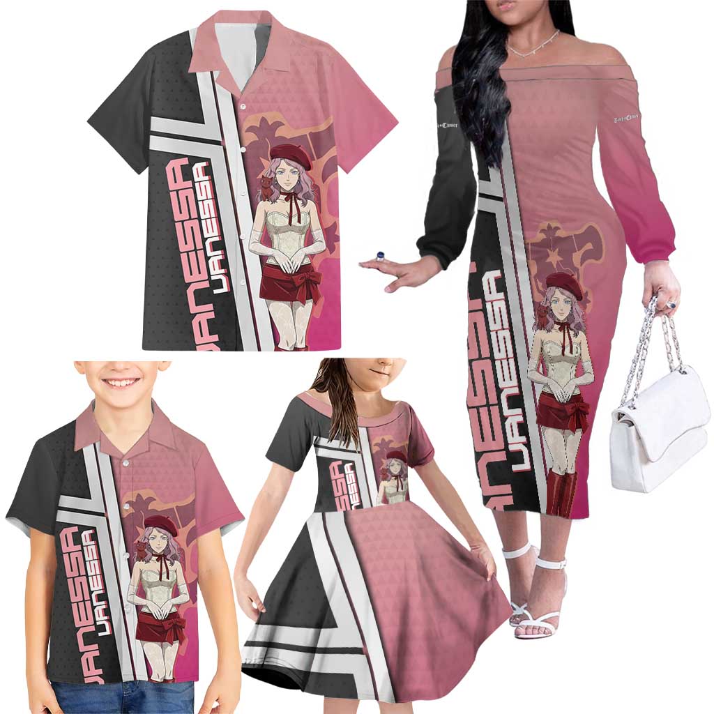 Black Clover Vanessa Enoteca Family Matching Off The Shoulder Long Sleeve Dress and Hawaiian Shirt Anime Illustration Style